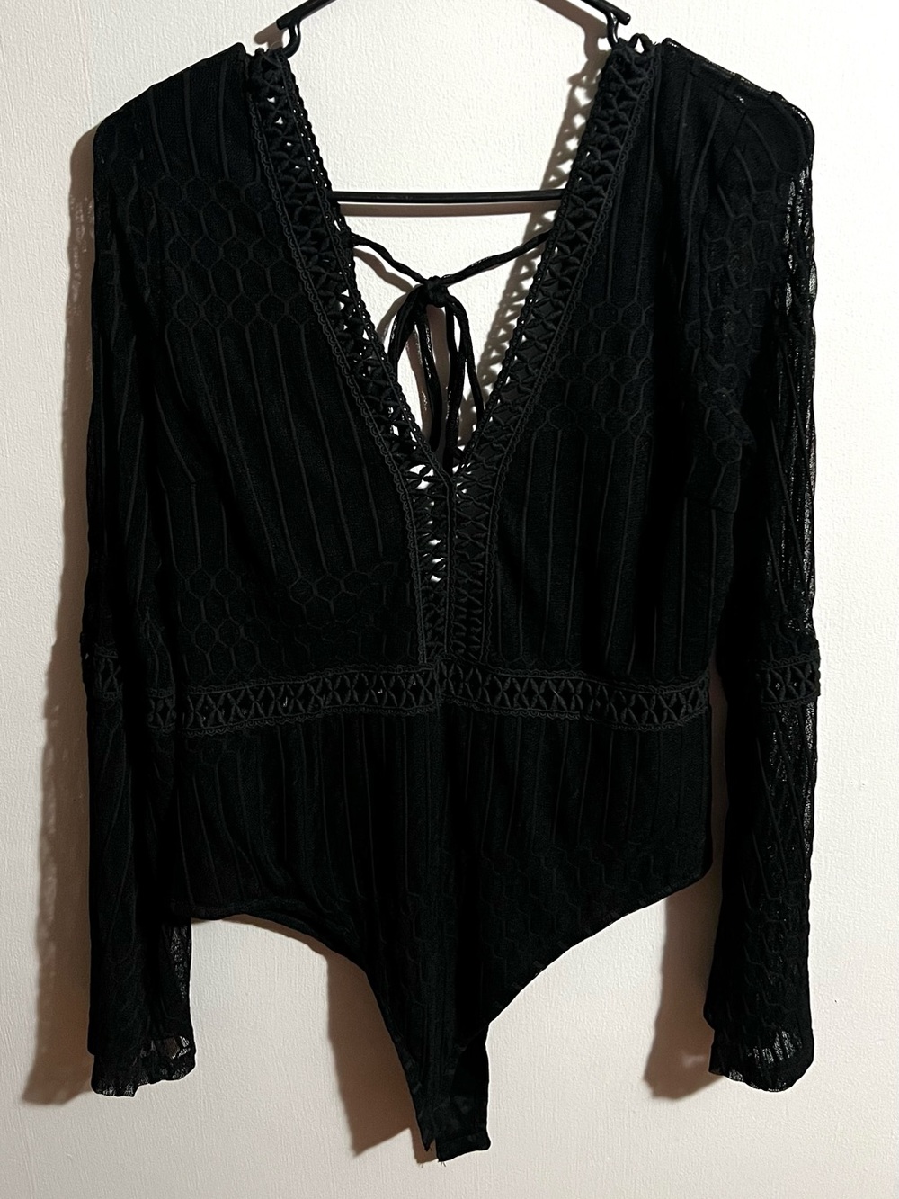 Black Lace-Trim Long Sleeve Bodysuit